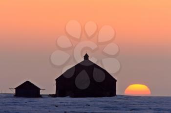 Sunset Sunrise Winter Farm Barn Saskatchewan Canada