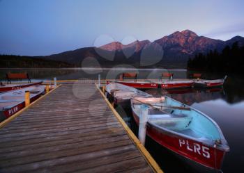 Morning view of Pyramid Lake in Jasper National Park
