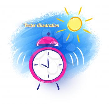 Alarm clock and morning sun. Vector illustration, isolated.