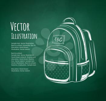 Chalkboard drawing of school bag on green school-board background. Vector illustration.