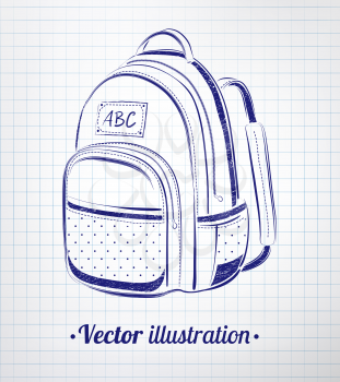 School bag drawn on notebook checkered paper. Vector illustration. isolated.