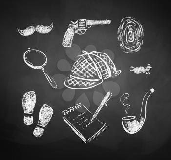 Chalked detective set. Vector illustration. Isolated.