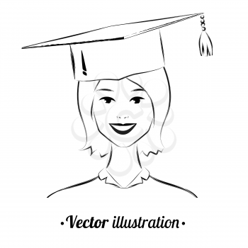 Portrait of smiling student-girl wearing graduation hat. Vector illustration.