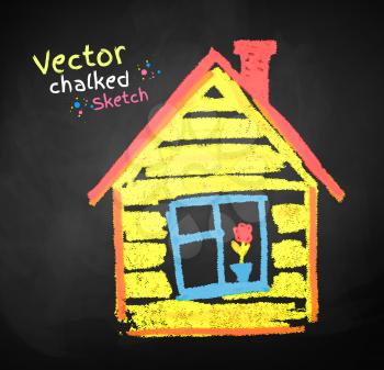 Chalked childlike drawing of house. Vector illustration.