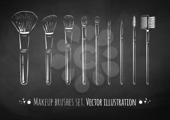 Makeup brushes kit. Chalked hand drawn vector set. isolated.
