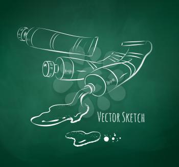 Paint tubes. Chalkboard drawing. Vector illustration.