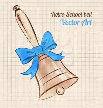 School bell with bow on vintage notebook background. Vector illustration.