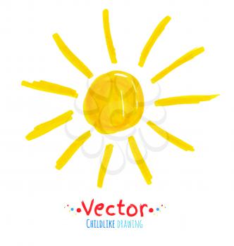 Childlike drawing of sun. Vector illustration. Isolated.
