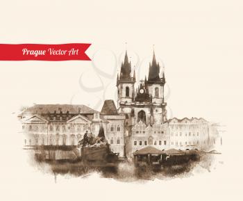Vintage postcard with Old Prague view. Czech Republic. Watercolor textured art. Vector illustration.