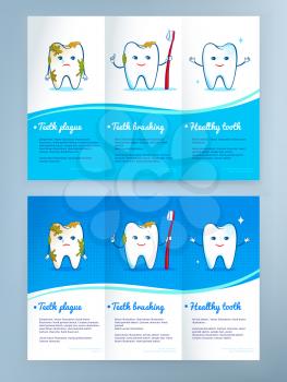Dental care leaflet design with cute tooth characters. Vector illustration.