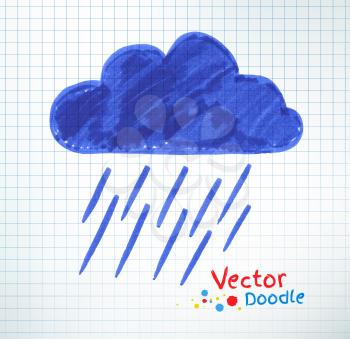 Vector illustration of pouring rain and cloud. Felt pen childlike drawing on checkered notebook paper.