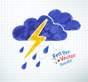 Vector illustration of thunderstorm. Felt pen childlike drawing on checkered notebook paper.