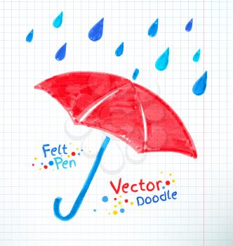 Vector illustration of umbrella and rain drops. Felt pen child drawing on notebook checkered paper.