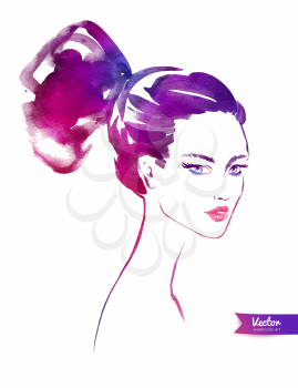 Vector watercolor illustration of young woman with modern hairstyle.