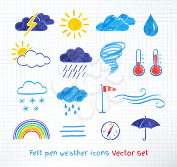 Weather icons vector set. Felt pen drawing. Isolated.