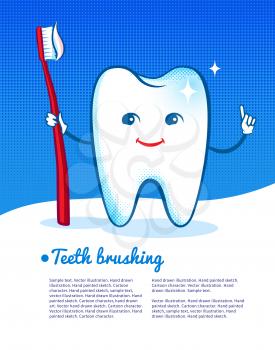 Vector illustration of happy and shiny cartoon tooth character with toothbrush.