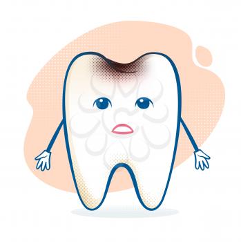 Vector illustration of sick sorrowful cartoon tooth character.