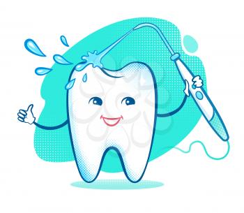 Vector illustration of happy cartoon tooth character with irrigator.