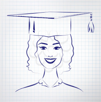 Student girl wearing graduation hat. Vector hand drawn sketch on notebook background.