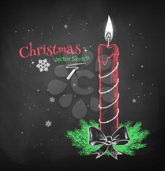 Color chalk vector sketch of red Christmas candle decorated with bow and fir branches on black chalkboard background. 