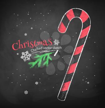 Color chalk vector sketch of Christmas candy cane on black chalkboard background. 