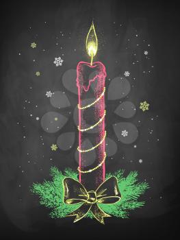 Color chalk vector sketch of Christmas candle decorated with bow and fir branches on black chalkboard background. 