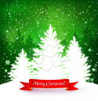 Christmas trees green and white background with falling snow, red ribbon banner and spruce forest silhouette.