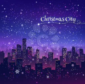 Night cityscape Christmas background with falling snow, and lights.