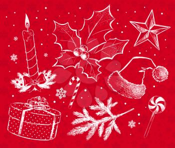 Red and white vector  hand drawn Christmas decoration set.