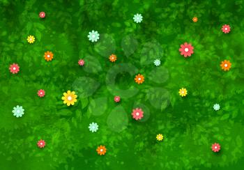 Green summer vector background with leaves, tree branches and flowers.
