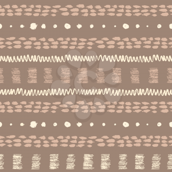 Vintage hand drawn ethnic grunge seamless pattern with stripes, zigzag, paint daubs and dots.