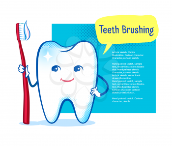 Cute healthy white shiny tooth character with toothbrush on speech bubble design background.