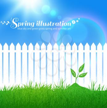 Spring vector background with growing sprout,  garden white fence and blue sky with sunbeams.