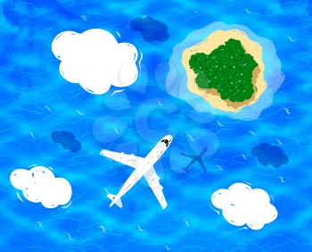 Plane flying near clouds above sea water and island.