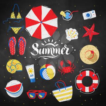 Summertime top view vector illustrations set with Summer word lettering on chalkboard background.