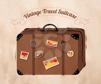 Vector illustration of vintage travel suitcase isolated on grunge background texture.