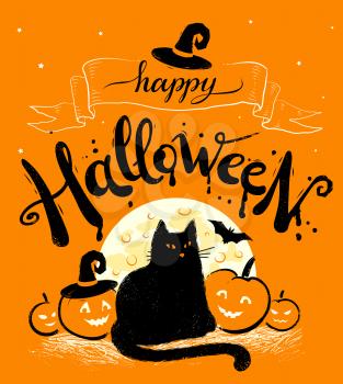 Happy Halloween vector postcard with moon, black cat and pumpkins on orange background.