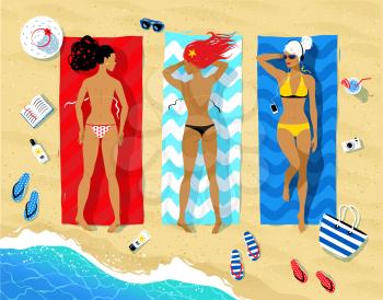 Vector illustration of three young women lying on beach and sunbathing with summer accessories and sea surf near them.