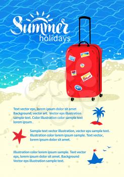 Summer vacation flyer design with travel bag and sea coast background.