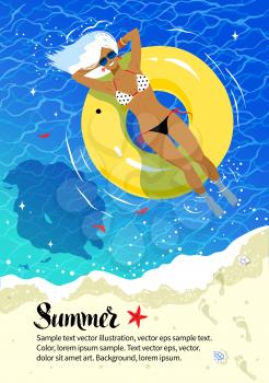 Summer vacation flyer design with young woman resting on yellow rubber ring and sea coast background.