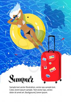 Summer vacation flyer design with red travel bag, young woman resting on yellow rubber ring and sea coast background.