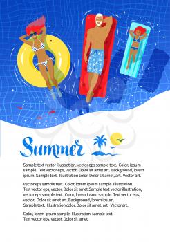 Summer vacation flyer design with happy family floating on rubber ring and pool rafts in swimming pool.