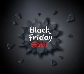 Vector illustration with Black Friday lettering and hand made plasticine explosion banner on dark background.