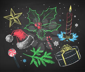 Hand drawn color chalked Christmas set.