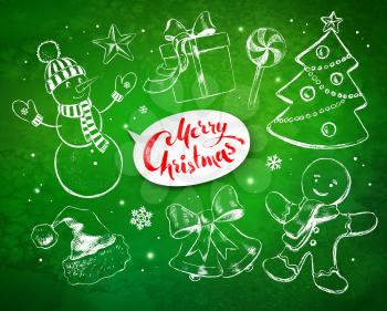 Christmas vintage line art vector set with festive objects and white lettering banner on green grunge background with sparkles.
