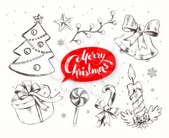 Christmas hand drawn line art vector set with festive objects and red lettering banner on white background.