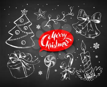 Christmas chalked line art vector set with festive objects and lettering banner on blackboard background.