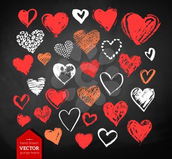 Vector color, red, orange and white chalk drawn collection of grunge Valentine hearts on blackboard background.