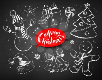 Christmas chalked line art vector set with festive objects and lettering banner on blackboard background.