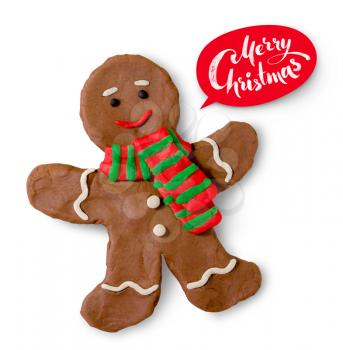 Hand made plasticine illustration of gingerbread man cookie with lettering banner.